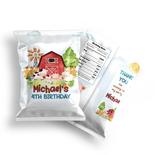 Farm animals theme chips bag label with playful farm animal graphics, full bag wrap style, pastel country colors on white background