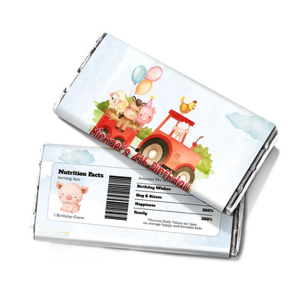 Farm animals theme chocolate label with barnyard illustrations, slim wrapper design, rustic neutral palette on white background