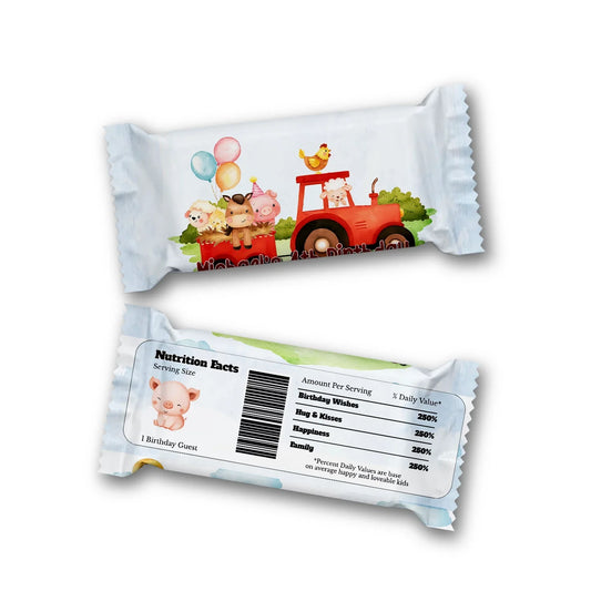 Farm animals theme Rice Krispies treats and candy bar labels with matching barnyard animals, coordinated rustic colors on white background