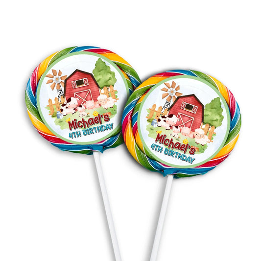 Farm animals theme lollipop label with cute farm animal faces, round sticker style, pastel farm colors on white background