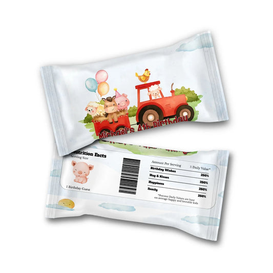 Farm animals theme Skittles label with playful barnyard illustrations, candy wrap layout, soft rustic tones on white background