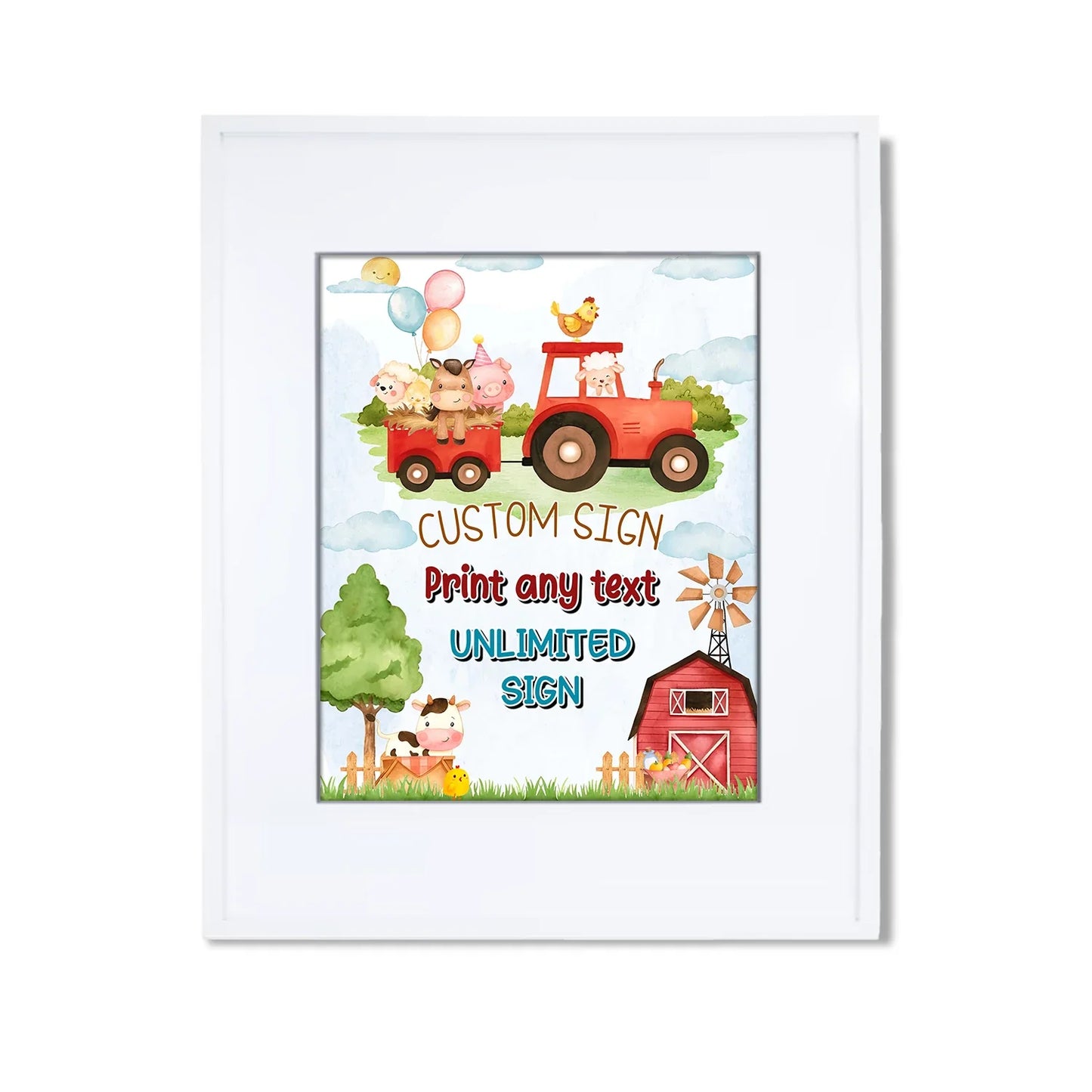 Farm animals theme custom sign with barnyard animals and personalized text, rustic farmhouse colors, poster mockup on white background