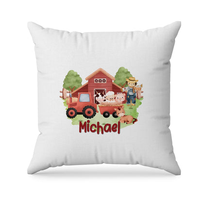 Farm animals theme sublimation pillowcase with repeating farm animal pattern, soft rustic tones, product mockup on white background