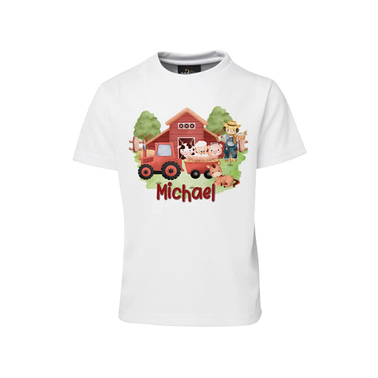 Farm animals theme sublimation t-shirt with barnyard animal graphic, neutral farmhouse colors, flat lay on white background
