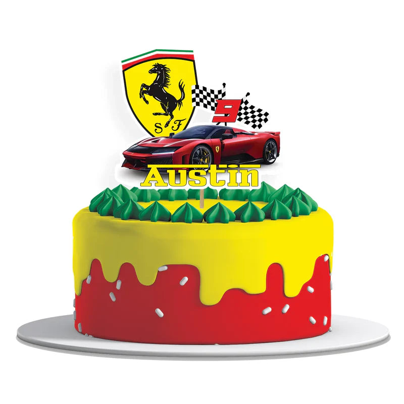 Ferrari cake toppers with race car graphics and name cutouts arranged on white background