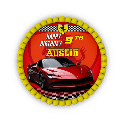 Ferrari edible icing cake image with red sports car design on flat fondant sheet with white background