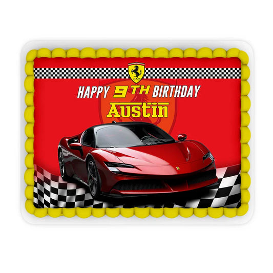 Ferrari sheet cake topper printed with bold racing elements flat lay with red border and editable area