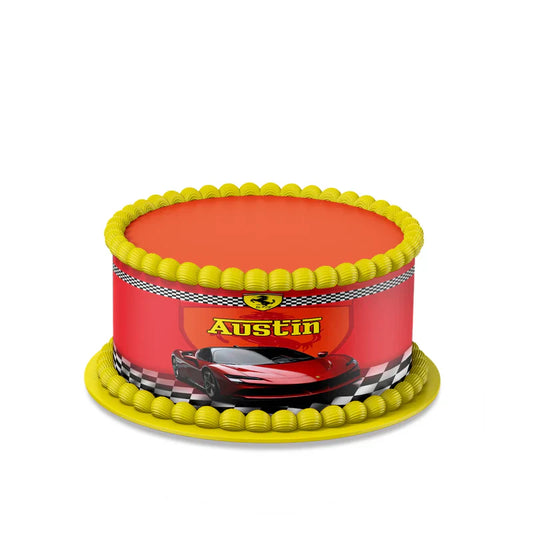 Ferrari edible cake strips in red with racing graphics and logo flat lay on white background