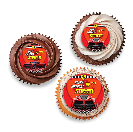 Ferrari cupcake toppers featuring round red and black racing logos on sticks arranged in flat lay