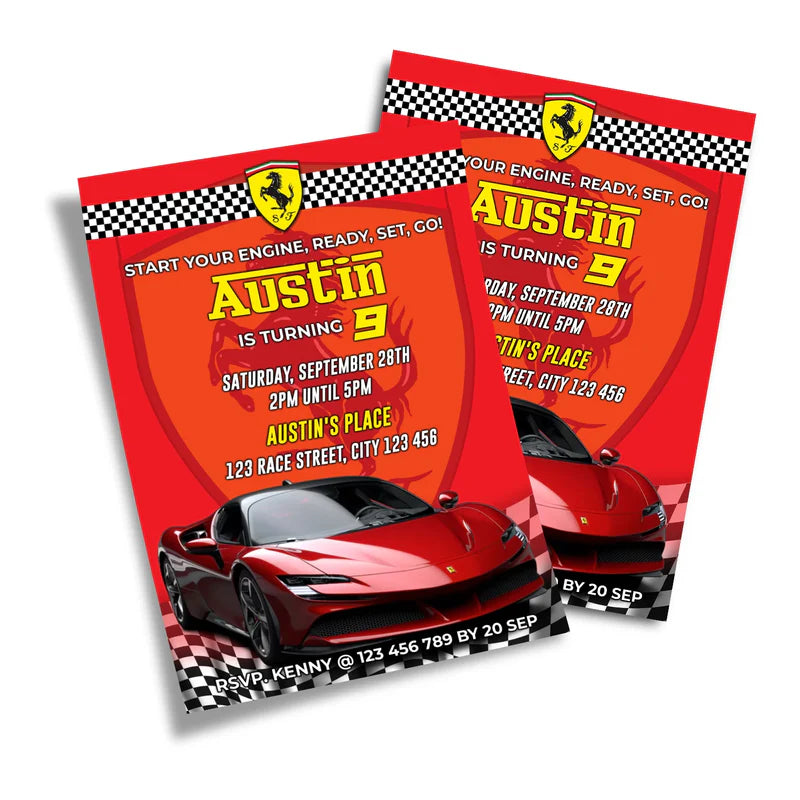 Ferrari birthday invitations with red racing theme and editable text laid flat on white surface