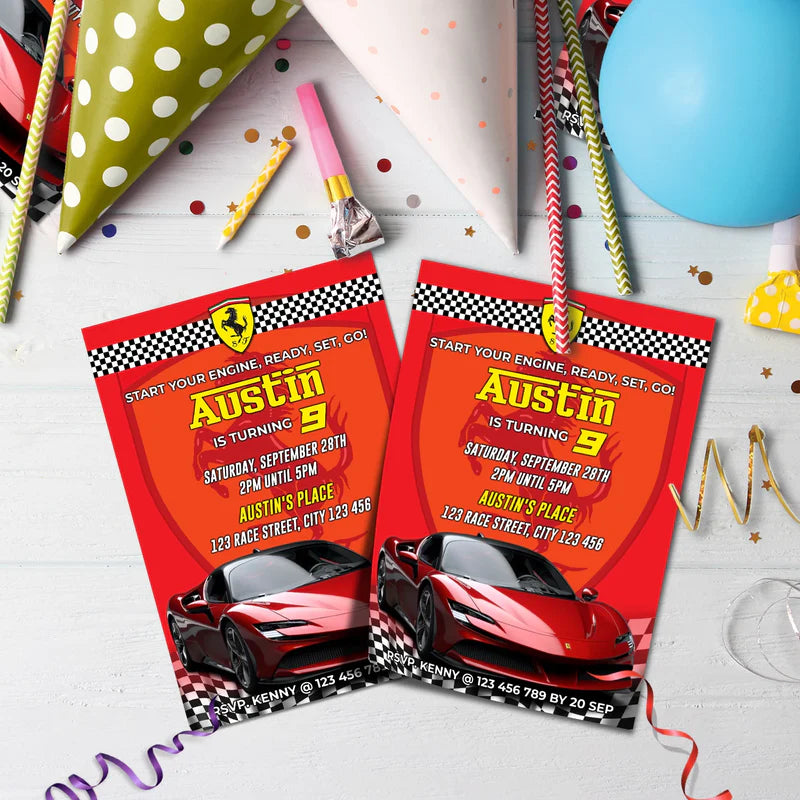 Ferrari Birthday Decorations, Red Ferrari Party Supplies, Sport Car Themed, Ferrari F1 Digital Template, Editable Ferrari Image SVG PNG