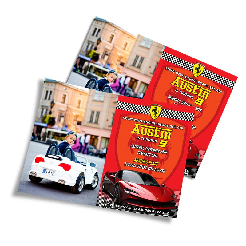 Ferrari photo card invitations with personal image frame in red race design flat layout