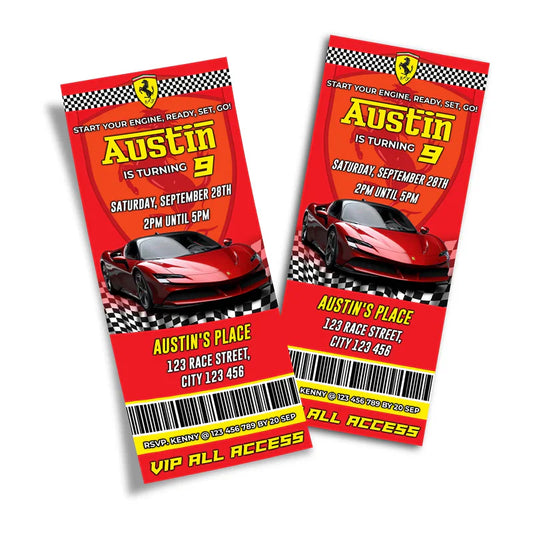 Ferrari birthday ticket invitations styled like racing passes with editable name and event details