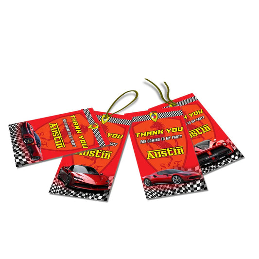 Ferrari thank you tags in race-themed red design with editable text stacked flat on white background