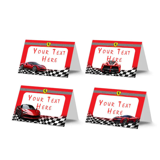 Ferrari food cards with editable dish names in red and black race print laid out on white table