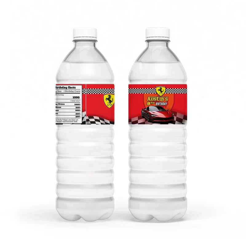 Ferrari water bottle label wraps in red with race logo and editable name shown flat on white surface