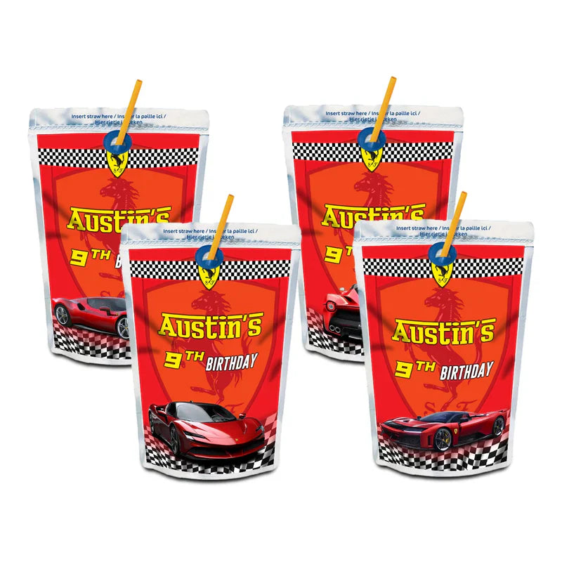 Ferrari juice pouch labels with bold red race design and editable birthday details on white background