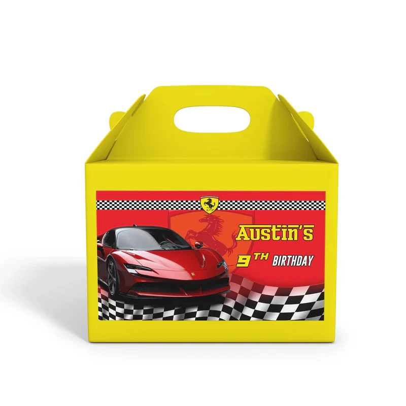 Ferrari treat box labels in red race car theme with editable name displayed flat on white background