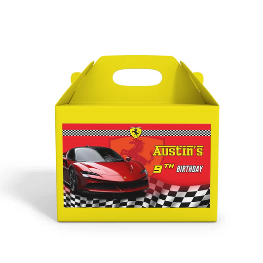 Ferrari treat box labels in red race car theme with editable name displayed flat on white background