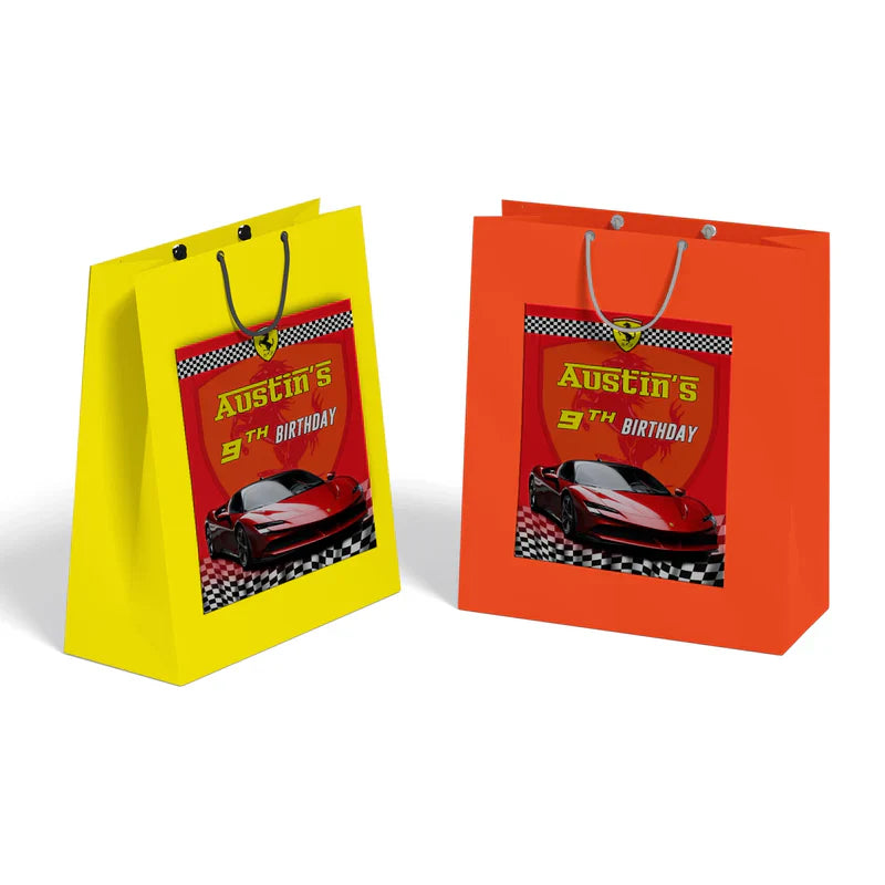Ferrari goodie bag labels with black and red color scheme and editable party message on flat white background