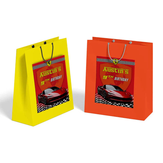 Ferrari goodie bag labels with black and red color scheme and editable party message on flat white background