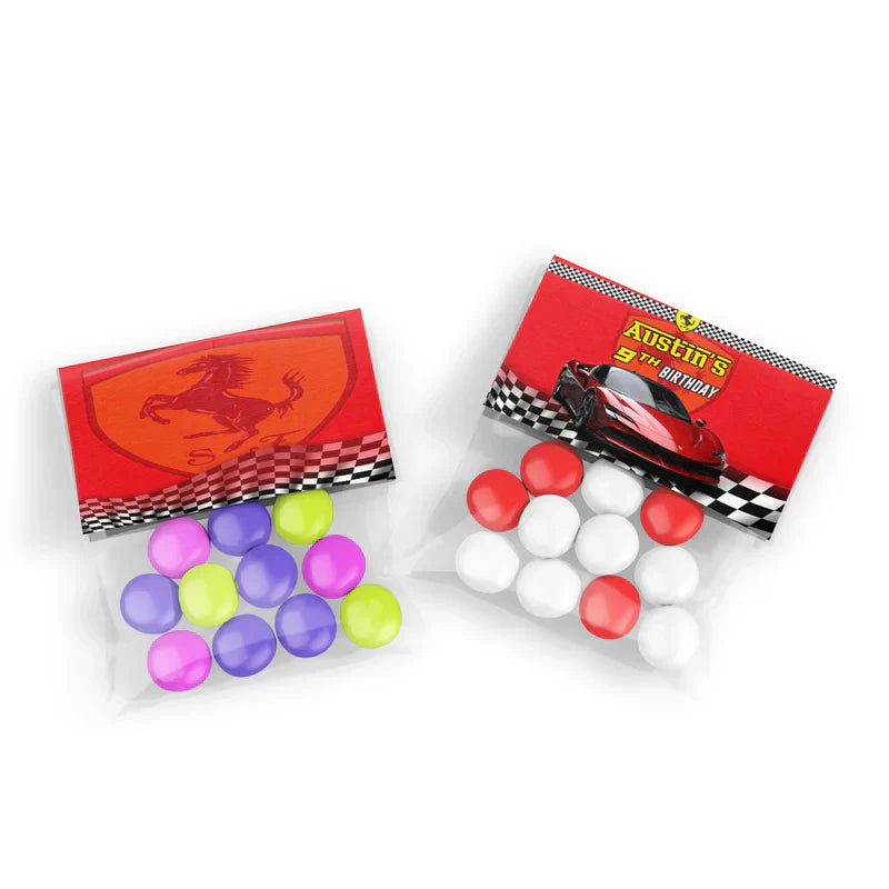 Ferrari treat bag topper label folded red race design with editable name displayed on top of clear bag