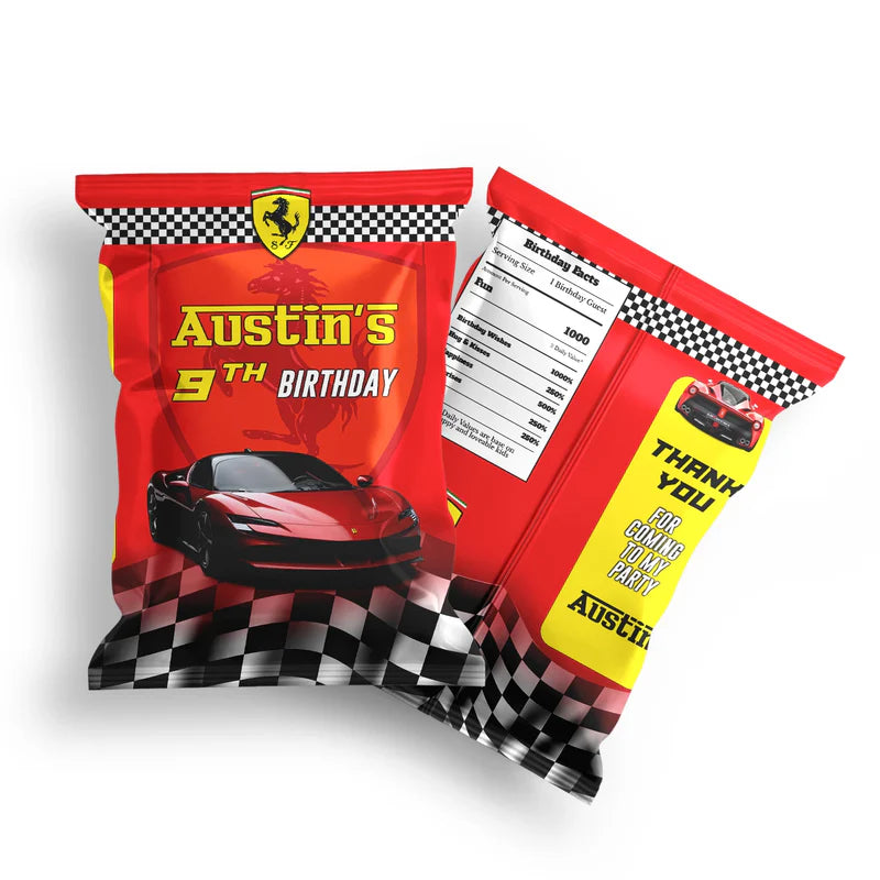 Ferrari chips bag label in bold red and black wraparound race style with editable birthday message