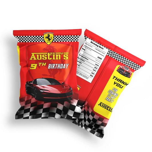 Ferrari chips bag label in bold red and black wraparound race style with editable birthday message