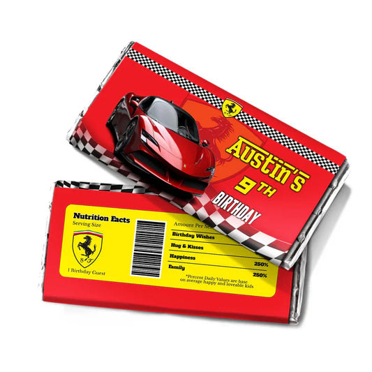 Ferrari chocolate label in sleek red race car print with editable name flat lay on white surface