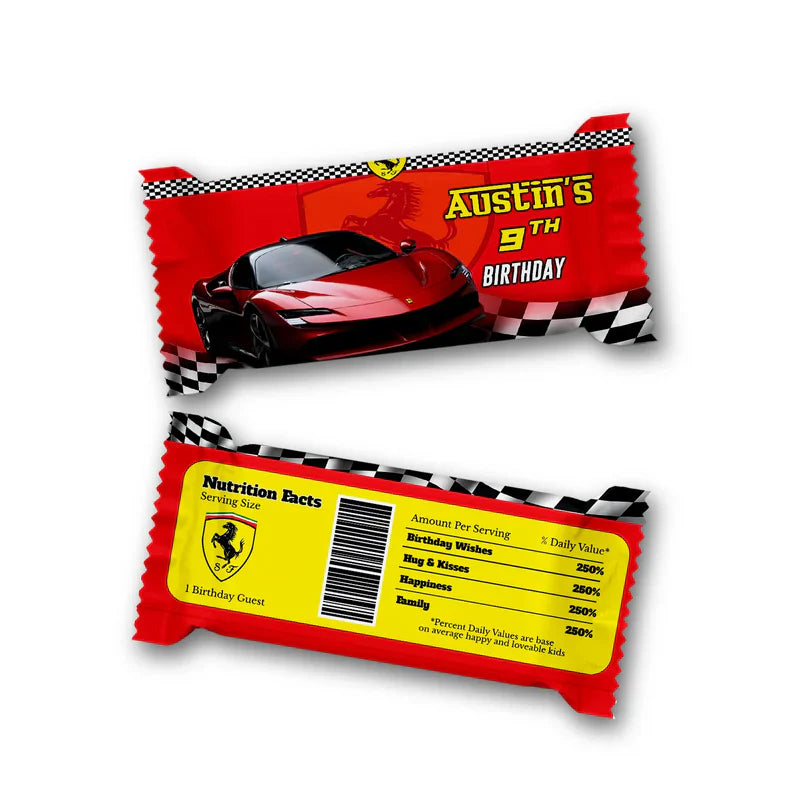 Ferrari candy bar and Rice Krispies treat labels in red theme with editable area stacked on light surface