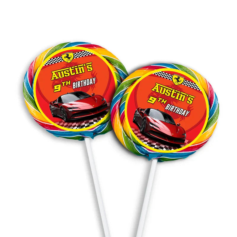 Ferrari lollipop label stickers in red race design with logo and editable text on circular sticker sheets