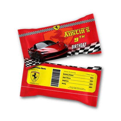Ferrari Skittles label with race car theme and editable party name printed on small pouch wrap