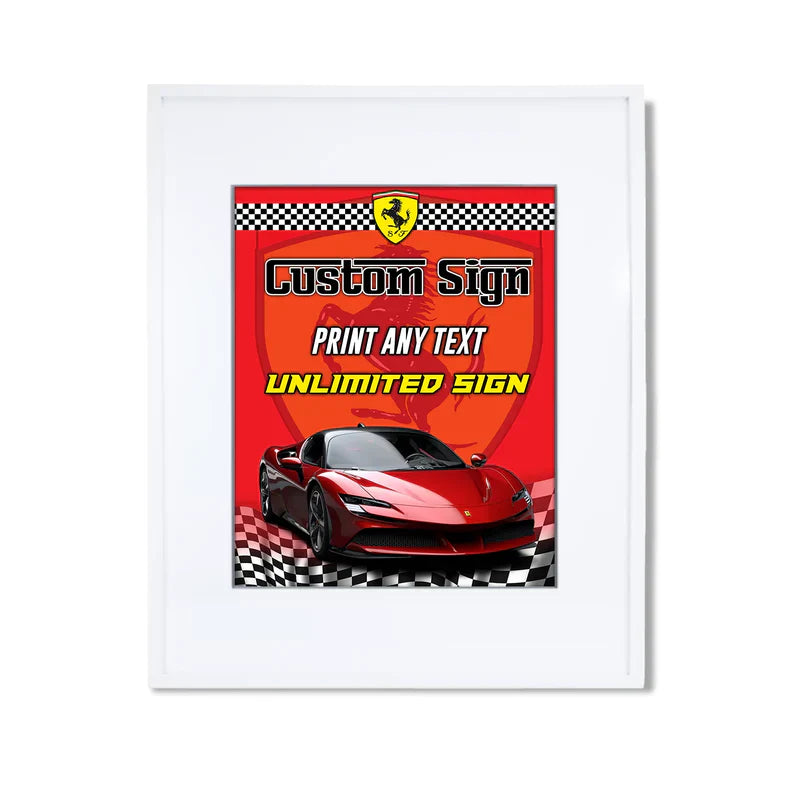 Ferrari custom sign with bold red race design and editable welcome text shown upright on white stand