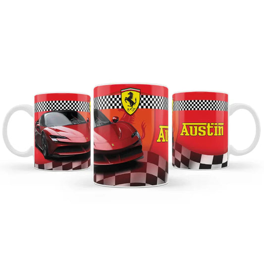 Ferrari sublimation mug in white ceramic printed with red race logo and name on table background