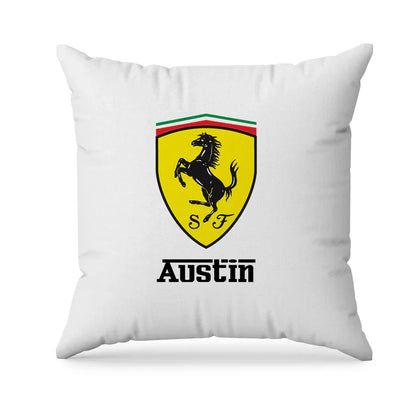 Ferrari sublimation pillowcase in red and white theme with car design and personal name flat on bed