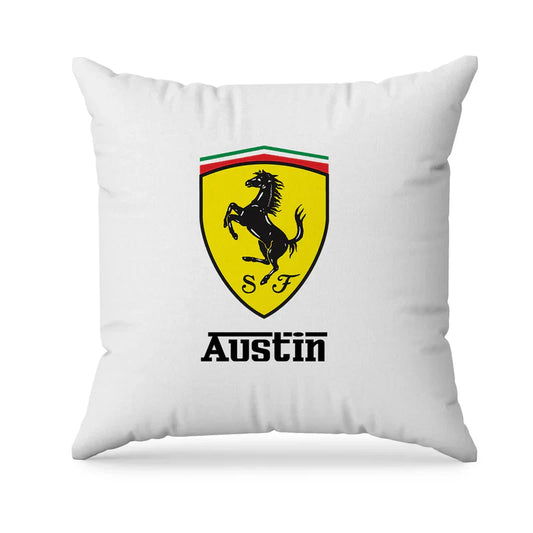 Ferrari sublimation pillowcase in red and white theme with car design and personal name flat on bed