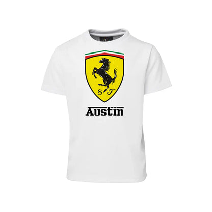 Ferrari sublimation T-shirt in white cotton printed with red race car and custom birthday text on hanger