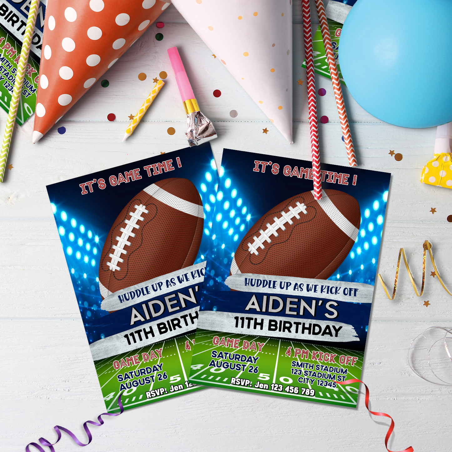 Football Birthday Decorations, NFL Party Supplies, First Touch Down Themed, Cardinals Broncos Jaguars Rams Bears Packers Panthers Falcons Digital Template, Editable Football Image SVG PNG