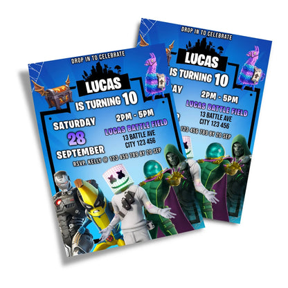 Fortnite Personalized Birthday Card Invitations with Custom Party details