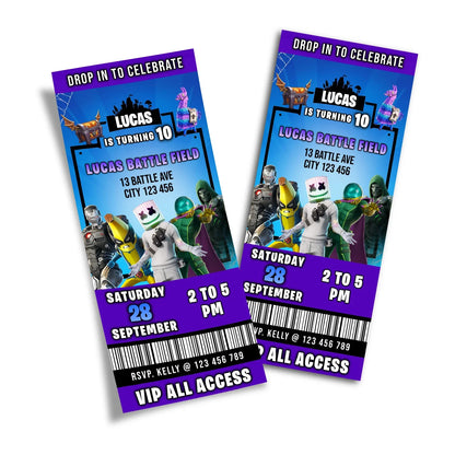 Fortnite Personalized Birthday Ticket Invitations for Party celebrations