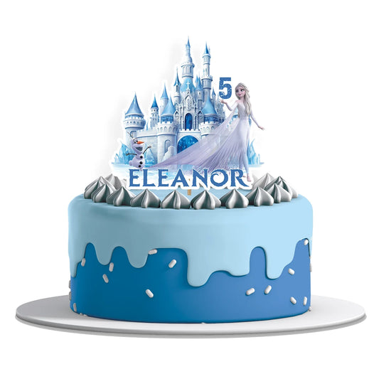 Frozen Personalized Cake Toppers featuring custom names and ages for a themed birthday cake decoration