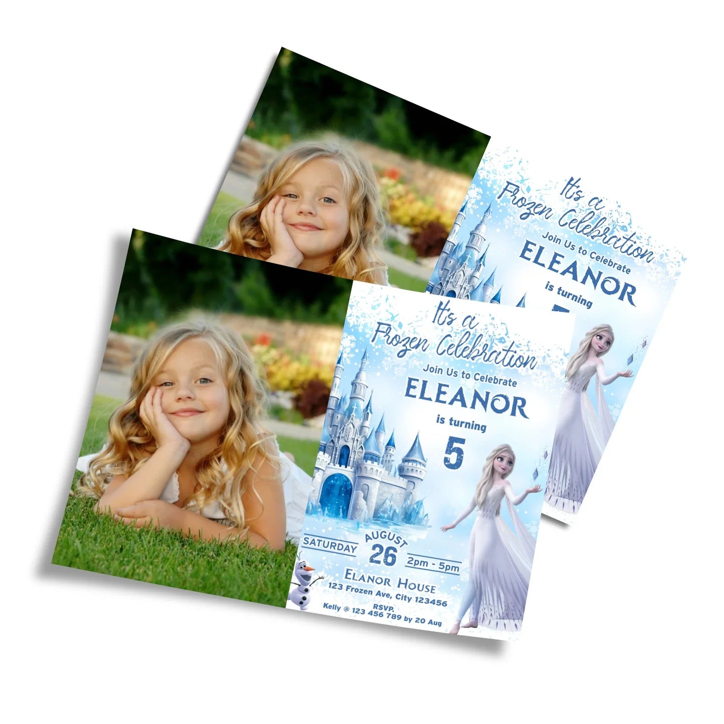 Frozen Personalized Photo Card Invitations with a custom picture and event details for a unique invite