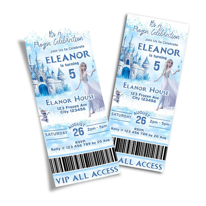 Frozen Personalized Birthday Ticket Invitations designed like tickets for a fun and creative party invite