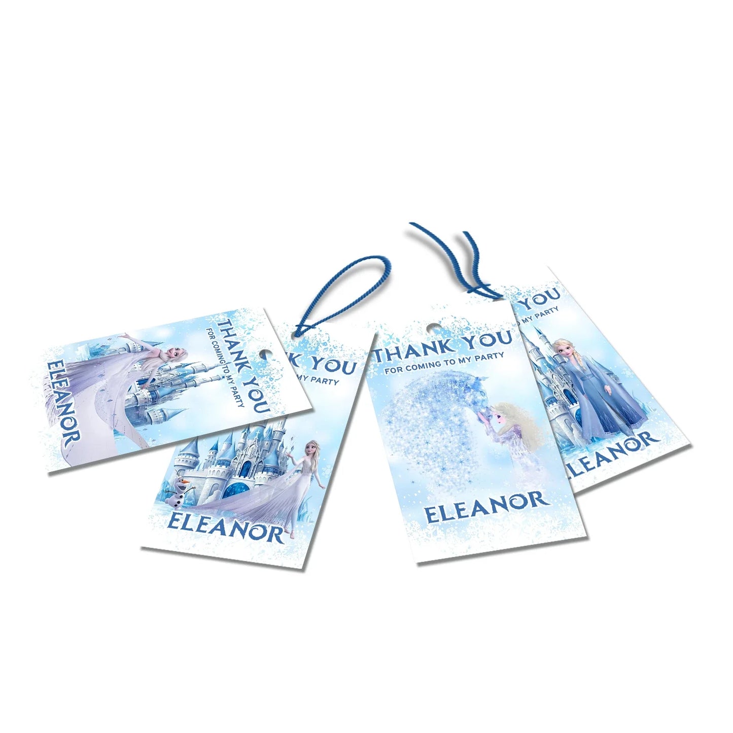 Frozen Thank You Tags with personalized messages for party favors and gifts at a Frozen-themed event