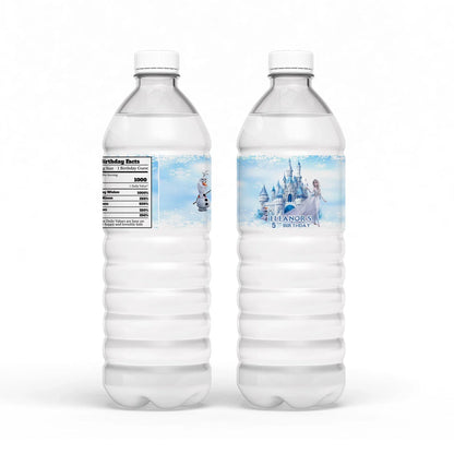 Frozen Water Bottle Label with a customized Frozen design for a themed party drink decoration