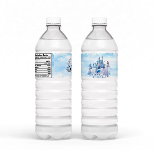 Frozen Water Bottle Label with a customized Frozen design for a themed party drink decoration