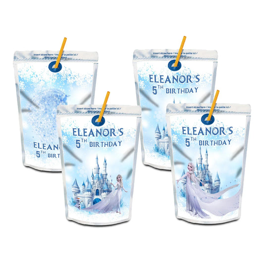 Frozen Juice Pouch Label with a personalized name and Frozen-themed artwork for party beverages