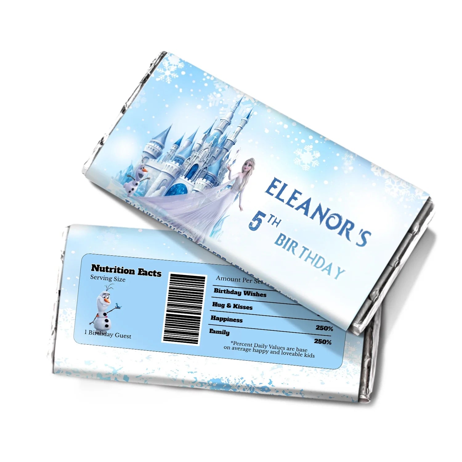 Frozen Chocolate Label to wrap candy bars with a Frozen-themed personalized wrapper