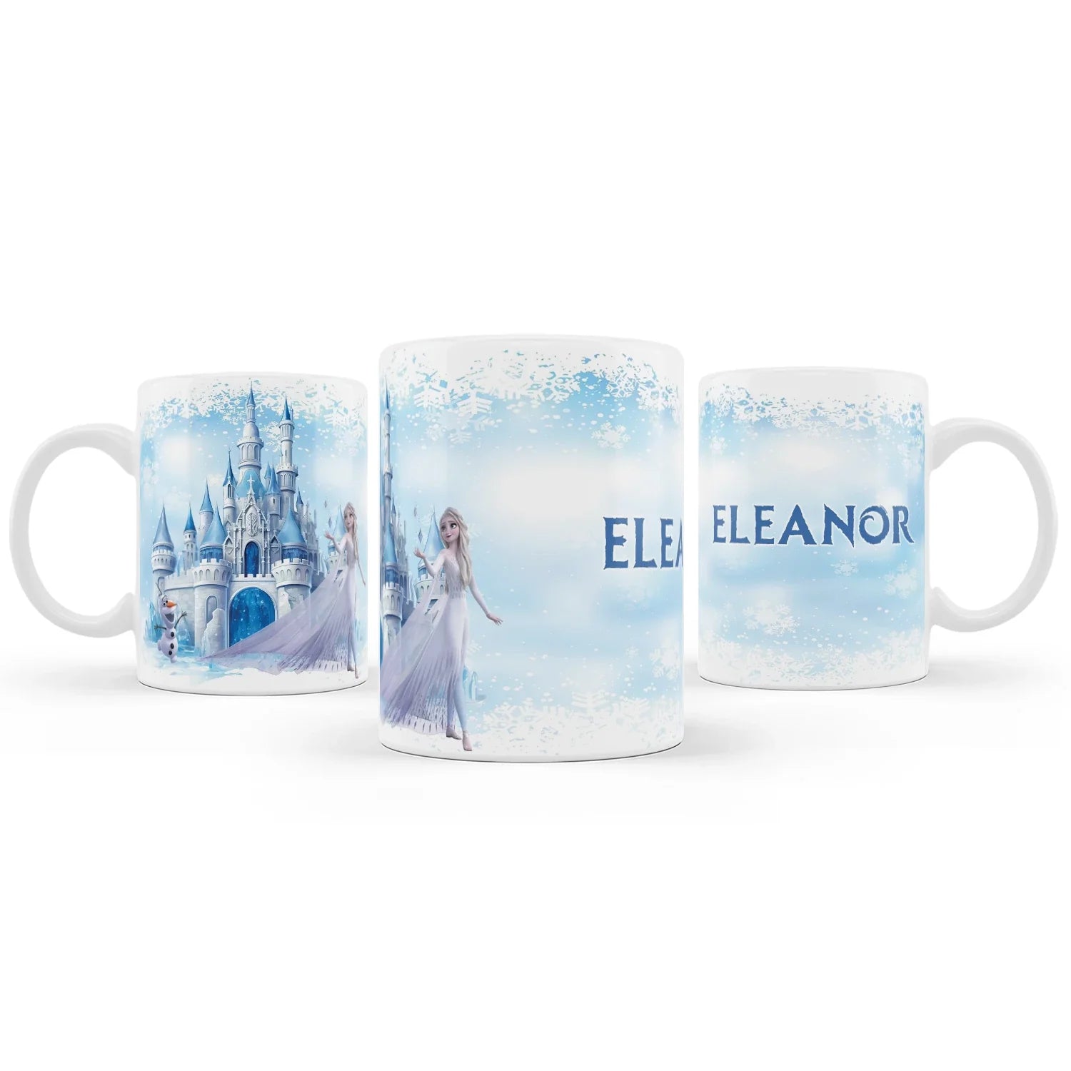 Frozen Sublimation Mug featuring a custom name and Frozen-themed artwork for a unique gift