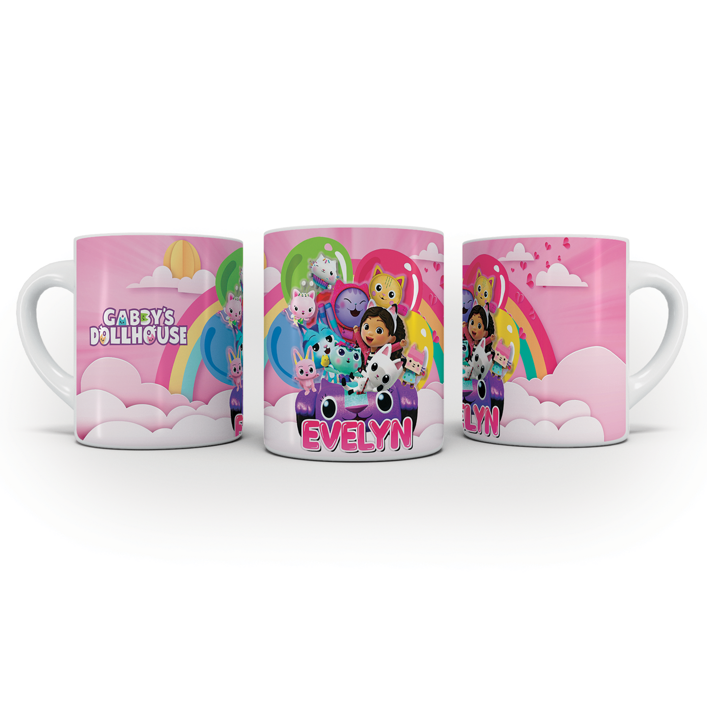 Image of a sublimation mug with Gabby’s Dollhouse theme.